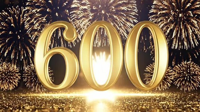 Golden number 600 with fireworks celebration background. 600th anniversary, milestone achievement, subscriber count, or follower celebration concept with sparkling gold glitter and bokeh.