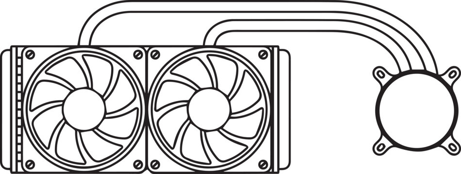 Dual-Fan AIO Liquid CPU Cooler Radiator with Circular Pump Block and Curved Tubing, PC Gaming Hardware Line Art black and white vector illustration
