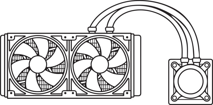 Horizontal Dual-Fan AIO Liquid CPU Cooler Radiator with Square Pump Block and Arched Tubing, PC Gaming Hardware Line Art black and white vector illustration
