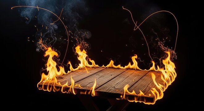 A rustic wooden table features vibrant orange flames burning along the edge with glowing sparks and rising smoke against a dark black background, wooden, platform, timber
