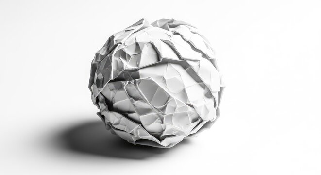 A single crumpled ball of white paper rests on a clean white surface, showcasing intricate creases, deep shadows, and textured wrinkles, junk, trash, failure