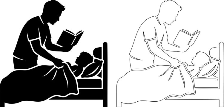 Father reading book to child in bed silhouette set, dad telling bedtime story vector illustration