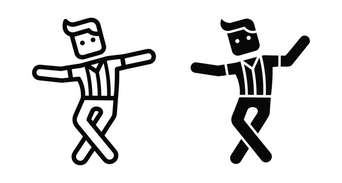Dancing man icon set featuring male performer in motion with arms outstretched and legs crossed in outline and solid styles