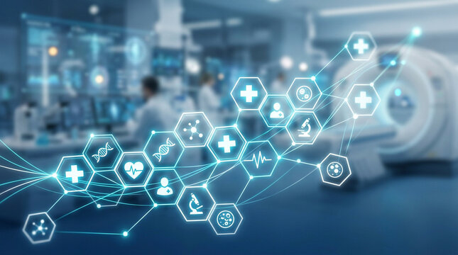 Medical technology innovation with digital healthcare interface and diagnostic scanning equipment in a modern hospital laboratory setting