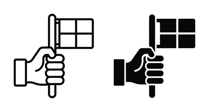 Hand holding flag icon set with outline and solid styles representing signal start finish race goal achievement success and communication