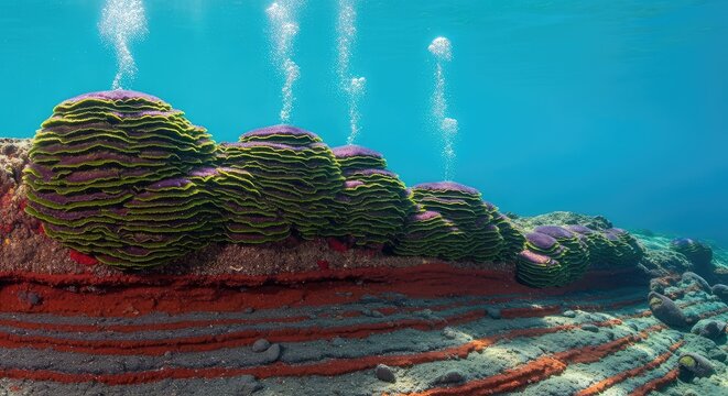 Ancient bacterial colonies release oxygen into primeval oceans, creating banded iron formations and transforming the prehistoric landscape, planet, ancient, oxidation