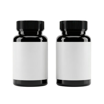 Two identical black and white pill bottles side by side