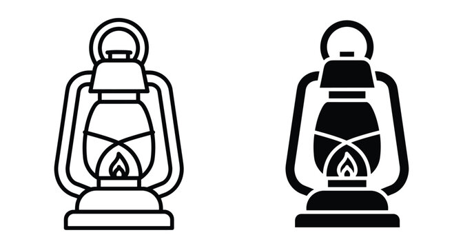 Vintage kerosene lantern icons in outline and solid styles for camping hiking outdoor adventure lighting equipment and emergency illumination design