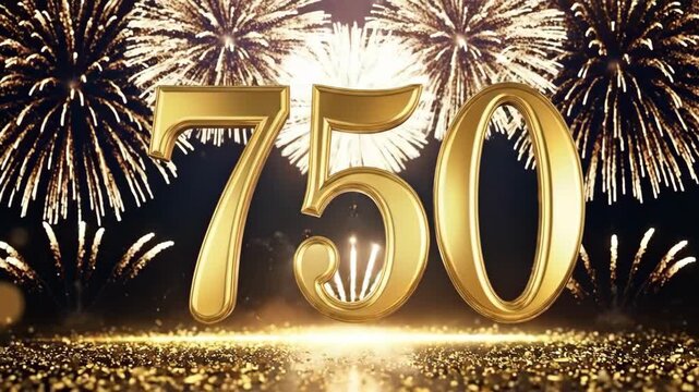 Golden number 750 with fireworks celebration background. 750th anniversary, milestone achievement, subscriber count, or follower celebration concept with sparkling gold glitter and bokeh.