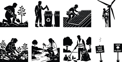 Environmental protection and green energy icon set featuring recycling solar installation wind turbine gardening and planet conservation concepts isolated on white background © ORCHONA