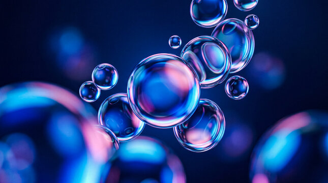 Abstract Bubbles Floating in Dark Blue Liquid with Light Reflections