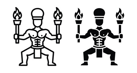 Obraz premium Tribal fire dancer warrior holding two burning torches in ritual performance pose with muscular body outline and solid vector icons