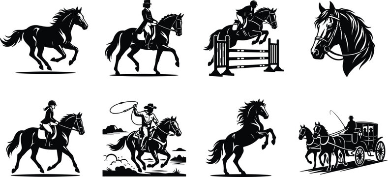 Equestrian and horse silhouettes set featuring running mustang dressage show jumping stallion head portrait cowboy rodeo rearing horse and carriage icons