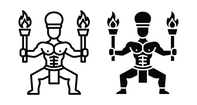 Tribal fire dancer warrior holding two burning torches in ritual performance pose with muscular body outline and solid vector icons