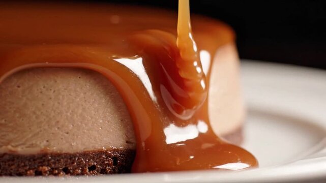 Super realistic macro video of warm caramel sauce flowing slowly over dessert surface, glossy texture, thick liquid movement, dramatic studio lighting, camera tilt-down motion