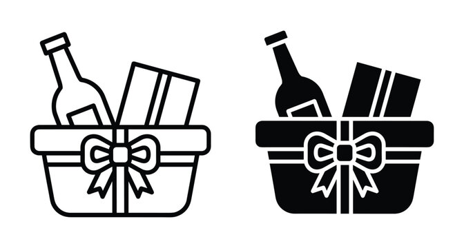Gift basket icon set with wine bottle and present box for holiday celebration hamper delivery service web design elements