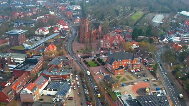  Aerial view beside the old town above the city Papenburg in Germany, on a sunny noon in autumn.