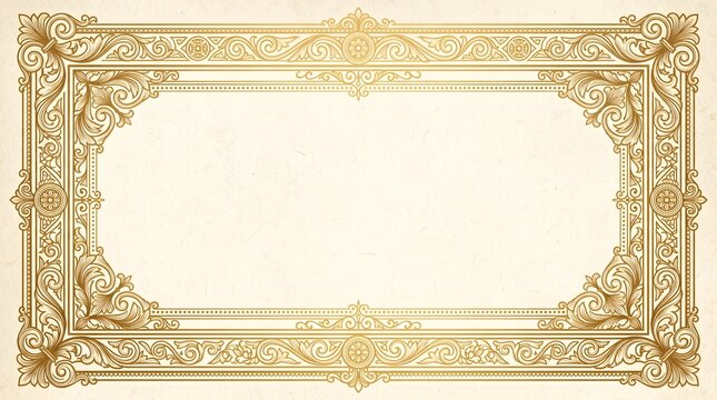 Elegant golden ornamental certificate frame with vintage flourishes, embossed baroque details and soft light center space, perfect classic border template for diplomas, awards, invitations, luxury pac