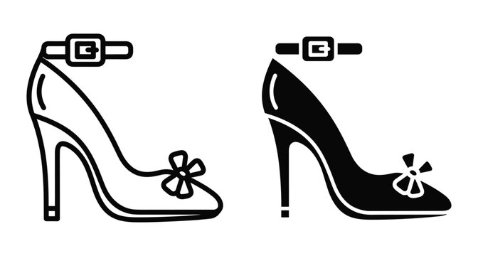 High heel stiletto shoes with ankle strap buckle and flower detail icon set in outline and solid black silhouette style