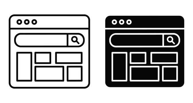 Web browser interface icons showing search bar and website layout in outline and solid black glyph styles for digital design