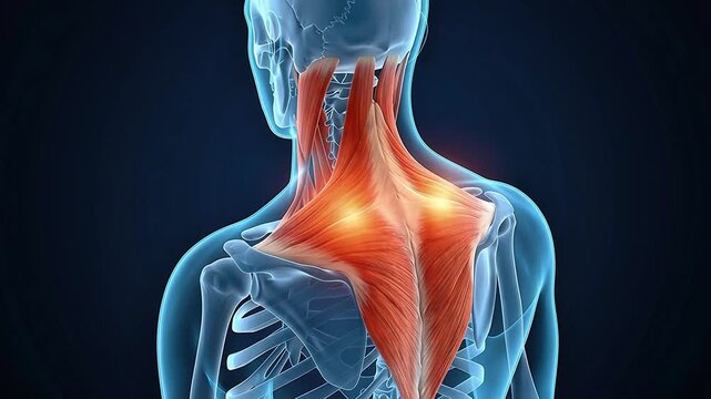 Neck Shoulder Trapezius Muscle Anatomy 3D Medical Animation X-Ray Glowing Dark Background