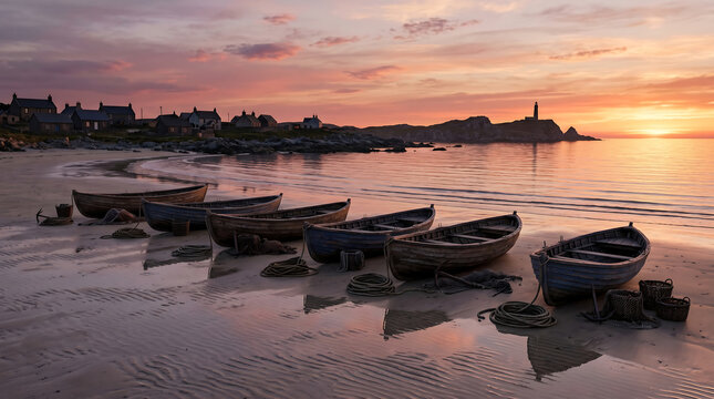 Calm coastal scene with traditional fishing boats, distant lighthouse silhouette, soft sunset colors, peaceful low tide