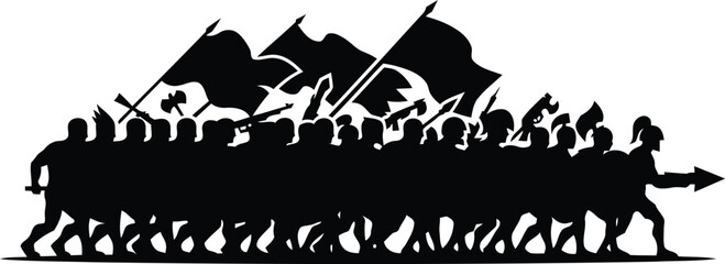 Obraz premium Silhouette of a determined marching ancient army with flags and weapons in unison