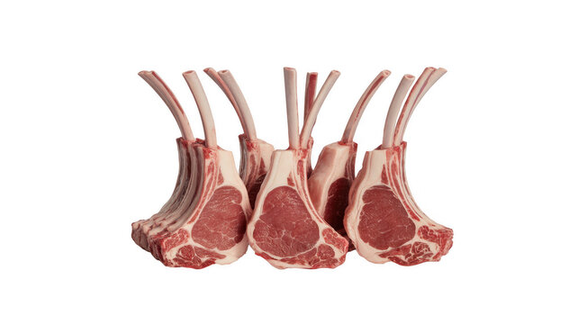 A row of six fresh raw lamb chops with bones standing upright on a white background, displaying pink meat, white fat, and red muscle texture