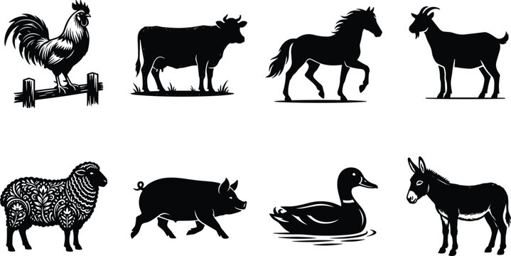 Farm animals black silhouette icon set featuring rooster cow horse goat patterned sheep pig duck and donkey isolated on white background