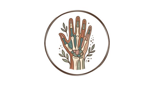 Anatomical Hand Illustration with Botanical Elements in Circle