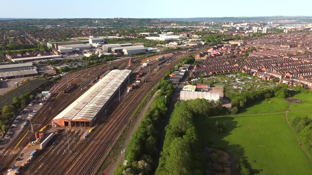 Newcastle upon Tyne UK: 25th May 2026: Drone footage captures Heaton Train Depot activity on a sunny morning with trains and tracks in view