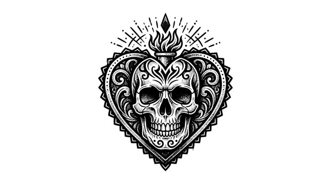 Ornate Skull Heart Tattoo Design with Flame and Rays - Black and White