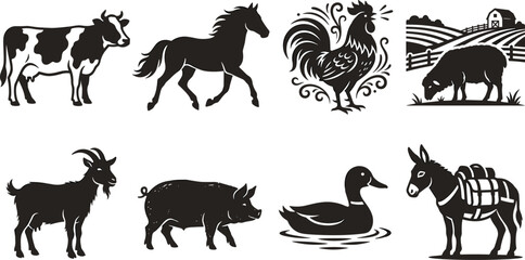 Farm animals black silhouette vector icon set featuring cow horse rooster sheep goat pig duck and pack donkey isolated on white background © ORCHONA
