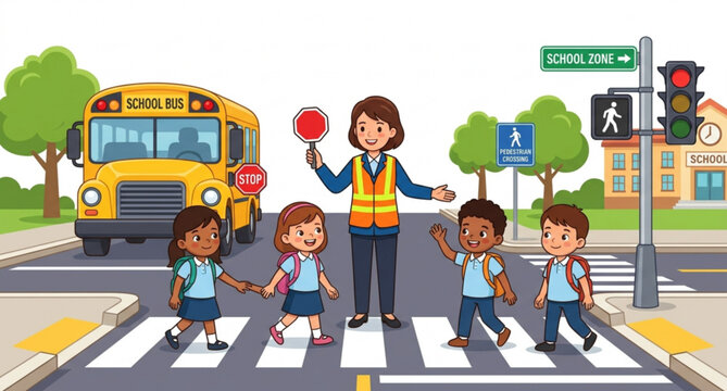 Road traffic safety teacher guiding children across crosswalk vector illustration isolated on white background