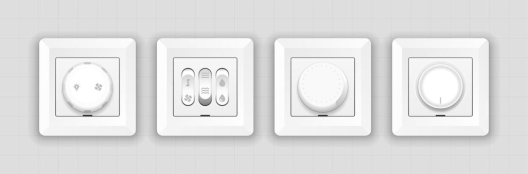 Realistic set of vintage and modern dimmer switches and electronic light switches wall mounted control panels smart home lighting control vector SVG