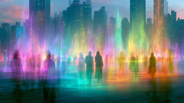 A hidden energy world layered over a modern city, glowing auras surrounding people and buildings