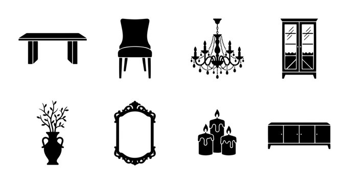 Elegant Furniture and Decor Icons, Vector Set: Classic Table, Chair, Chandelier, Cabinet, Vase, Mirror, Candles, Console