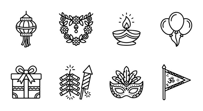 Diwali Festival Icons Set, Indian Celebration Symbols, Vector Graphics for Holiday Design, Traditional Elements Collection