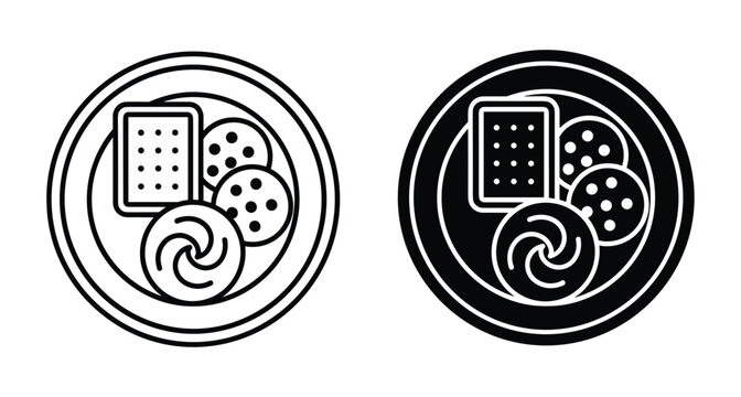 Plate of assorted cookies and biscuits icon set featuring rectangular crackers round chocolate chip treats and swirl shortbread snacks