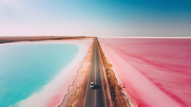 Scenic road dividing pink and blue lakes under clear sky