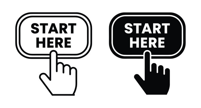 Start here button icon with hand finger clicking pointer symbol for website interface navigation beginning action set in black white