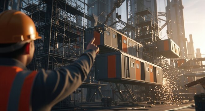 Construction Worker Directs Portable Units Movement Amidst Scaffolding And Steel Beams