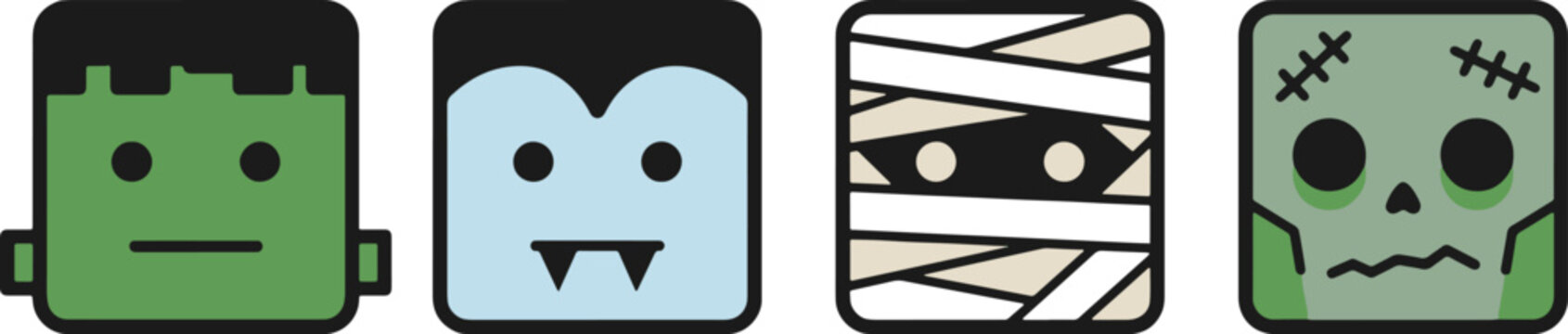 Square halloween monster head icons including frankenstein vampire mummy and zombie skull character.