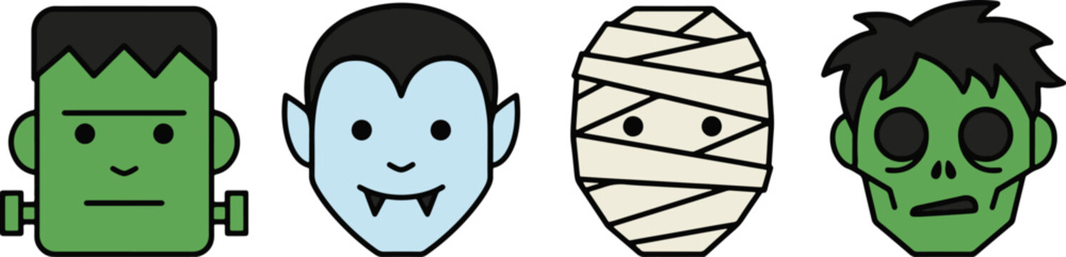 Spooky monster head characters featuring frankenstein vampire mummy and zombie for halloween party.