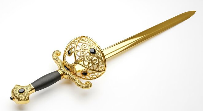 This elegant gold sword with an ornate hilt rests on a white background. Its shiny metallic surface gleams under bright studio lighting, decorative, object, hilt