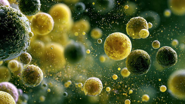A macro scene of pollen grains and spores drifting like planets through the air