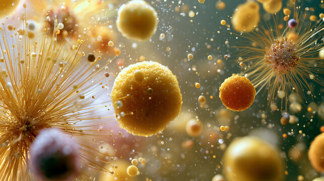 A macro scene of pollen grains and spores drifting like planets through the air