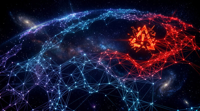Abstract digital network connection with glowing red and blue geometric particle structures in deep space