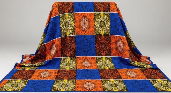 Vibrant traditional kitenge fabric featuring bold geometric shapes and intricate floral motifs in rich orange, blue, and yellow colors, art, seamless, motif