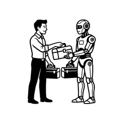 Fototapeta premium Human and Robot Exchanging Briefcases – AI Business Collaboration Black and White Vector Illustration